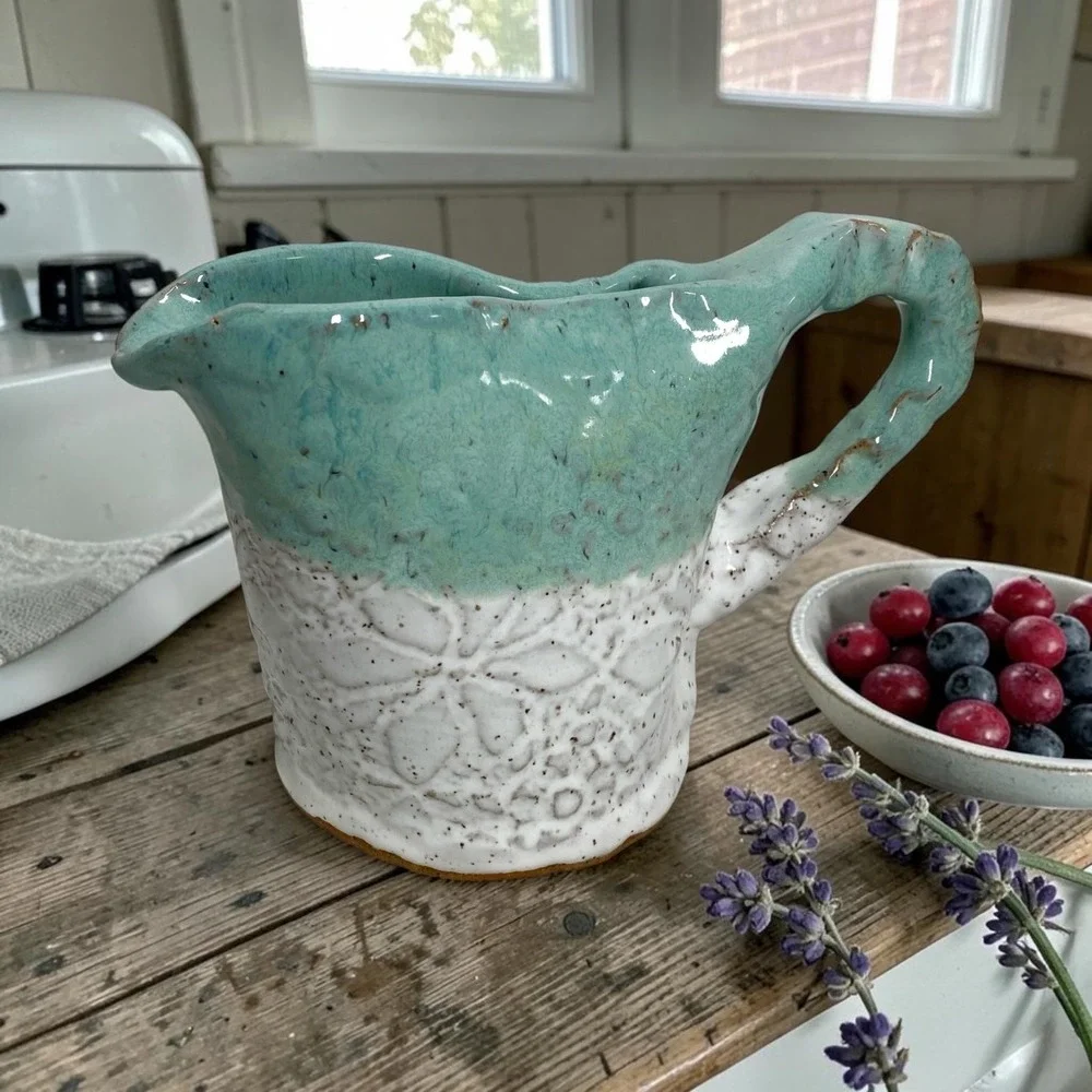 Signed Handmade Studio‎ Pottery Pitcher Aqua White Speckled Glaze Floral Texture